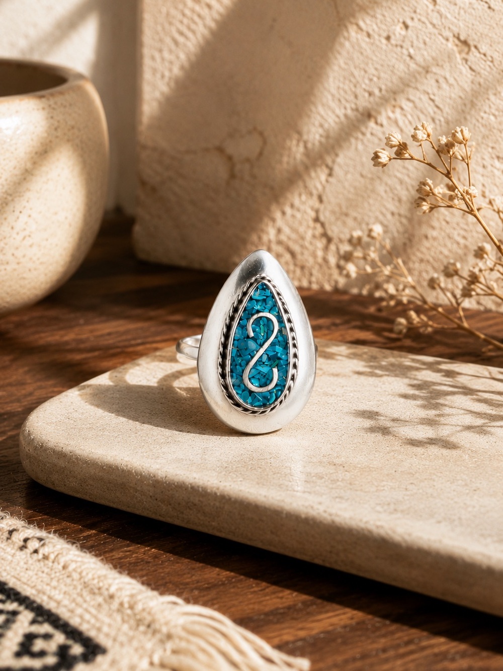 Vintage Taxco Sterling Silver Turquoise Inlay Ring Mexico 925 Size 6.75